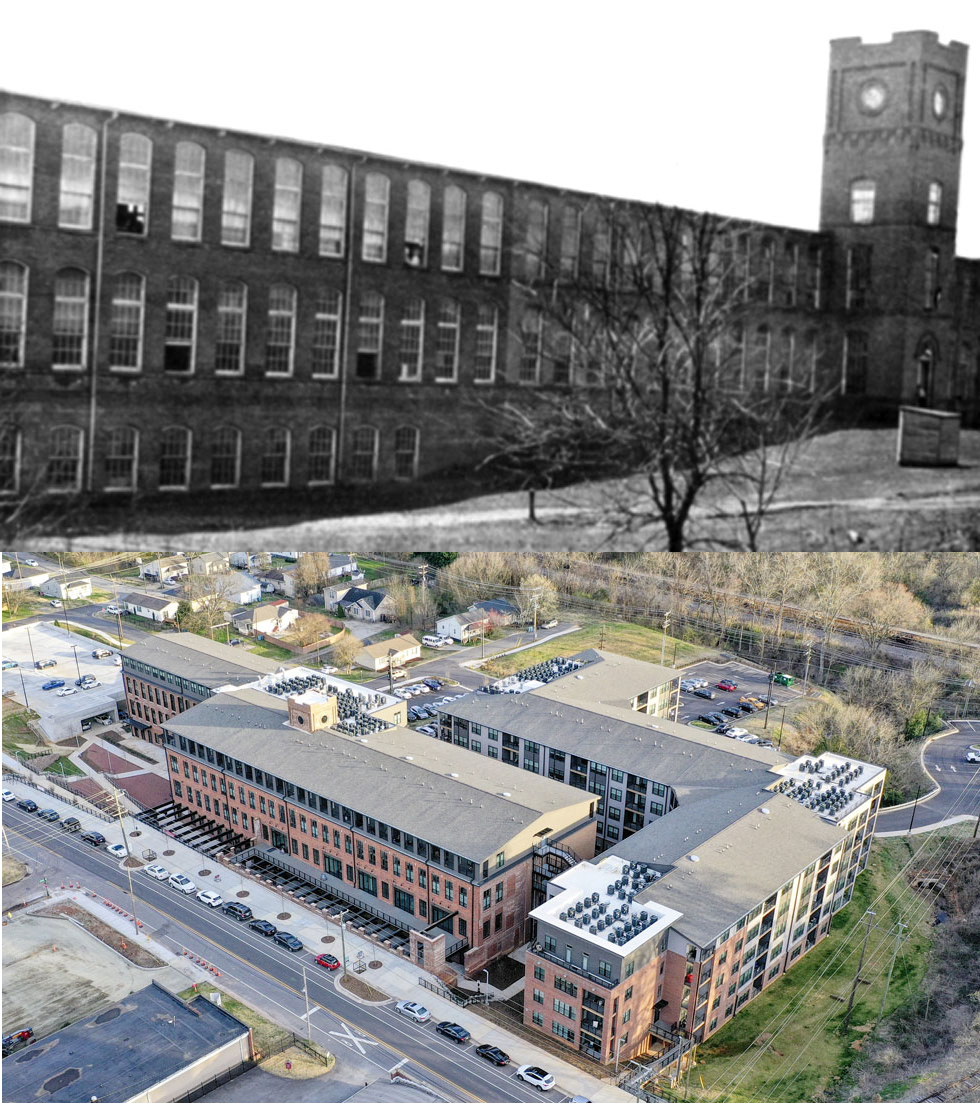 Nhà máy dệt cũ ở Belmont (Bắc Carolina) bị bỏ hoang trong một thập kỷ đã được chuyển đổi thành hơn 230 căn nhà ở, hình ảnh tư liệu của công trình cũ và hiện trạng khu nhà ở hiện tại