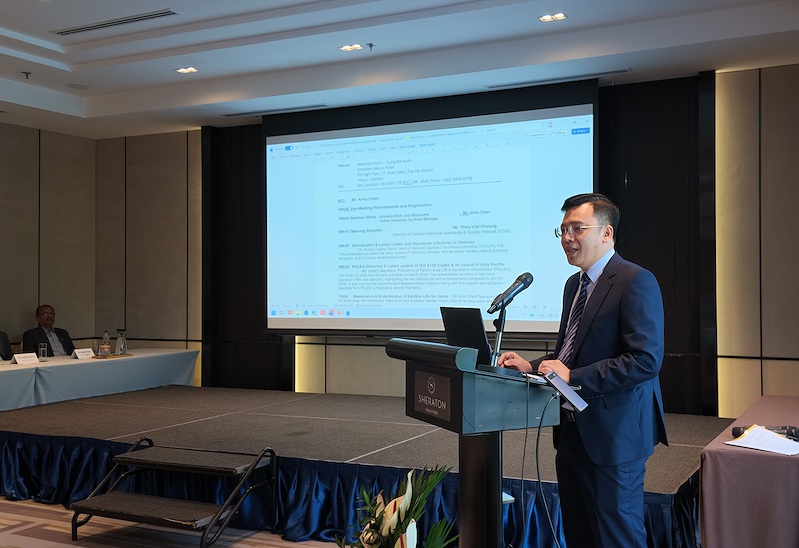 Mr. Trieu Viet Phuong, Director of the Vietnam Institute of Standards and Quality, delivers the opening remarks at the PALEA/VNEA Lift and Escalator Seminar 2026