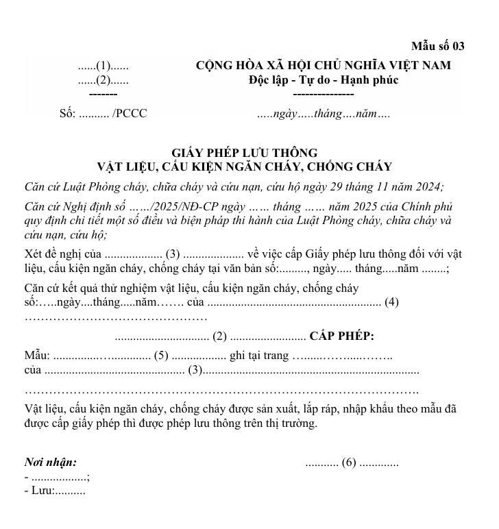 Mẫu  số 03: Giấy phép lưu thông vật liệu, cấu kiện ngăn cháy, chống cháy