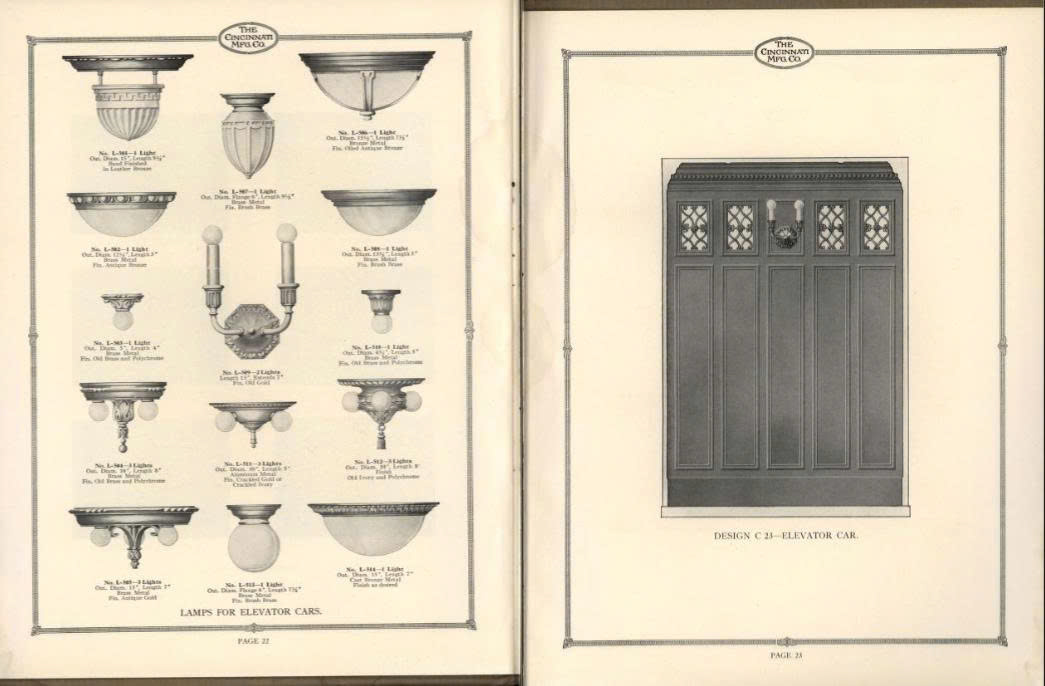 Catalogue minh họa sản phẩm đèn và vách cabin thang máy của Công ty Cincinnati vào những năm 1930.