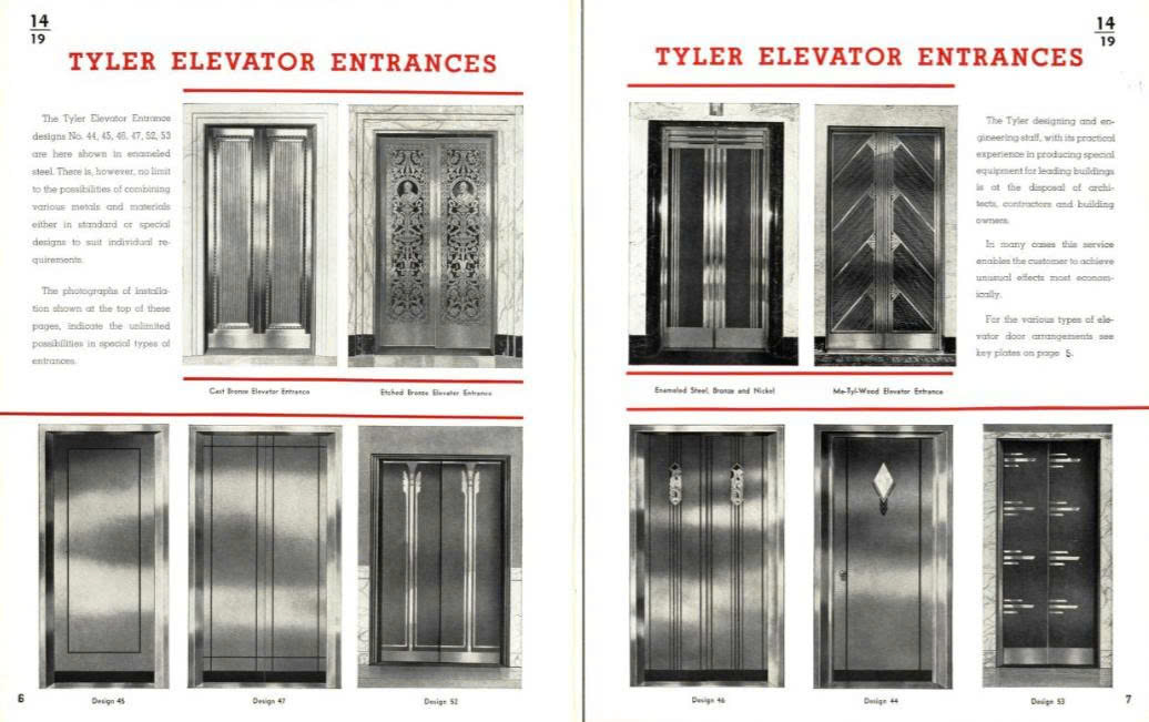 Các thiết kế thang máy dần bước sang xu hướng tối giản hơn. Trong hình: Catalogue mô tả sản phầm cửa cabin thang máy của Tyler vào những năm 1940.