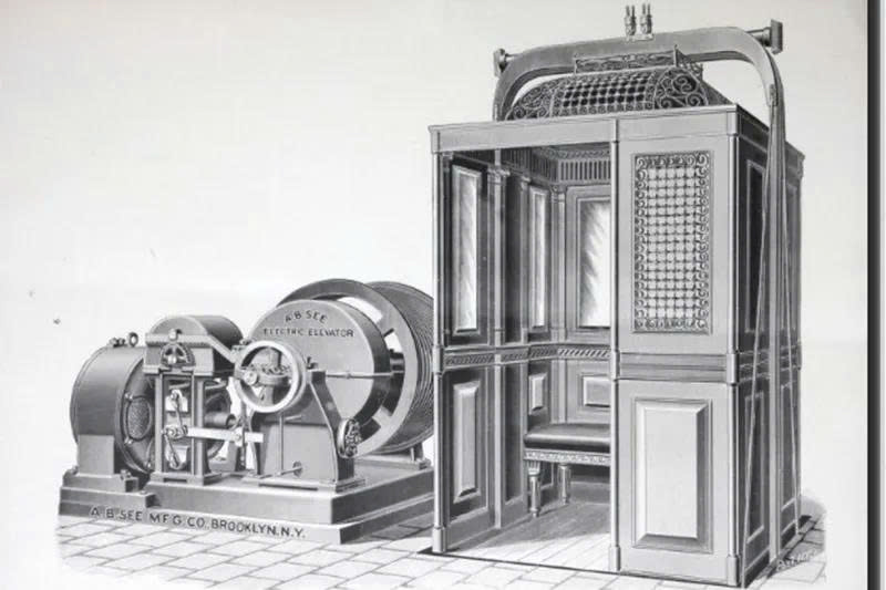 Hình ảnh thang máy trong catalogue sản phẩm của Công ty thang máy điện AB See , Brooklyn (Newyork, Mỹ) vào khoảng năm 1901.