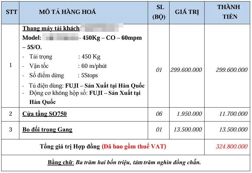 Bảng báo giá của đơn vị chào thiết bị được giới thiệu “FUJI – Sản xuất tại Hàn Quốc”