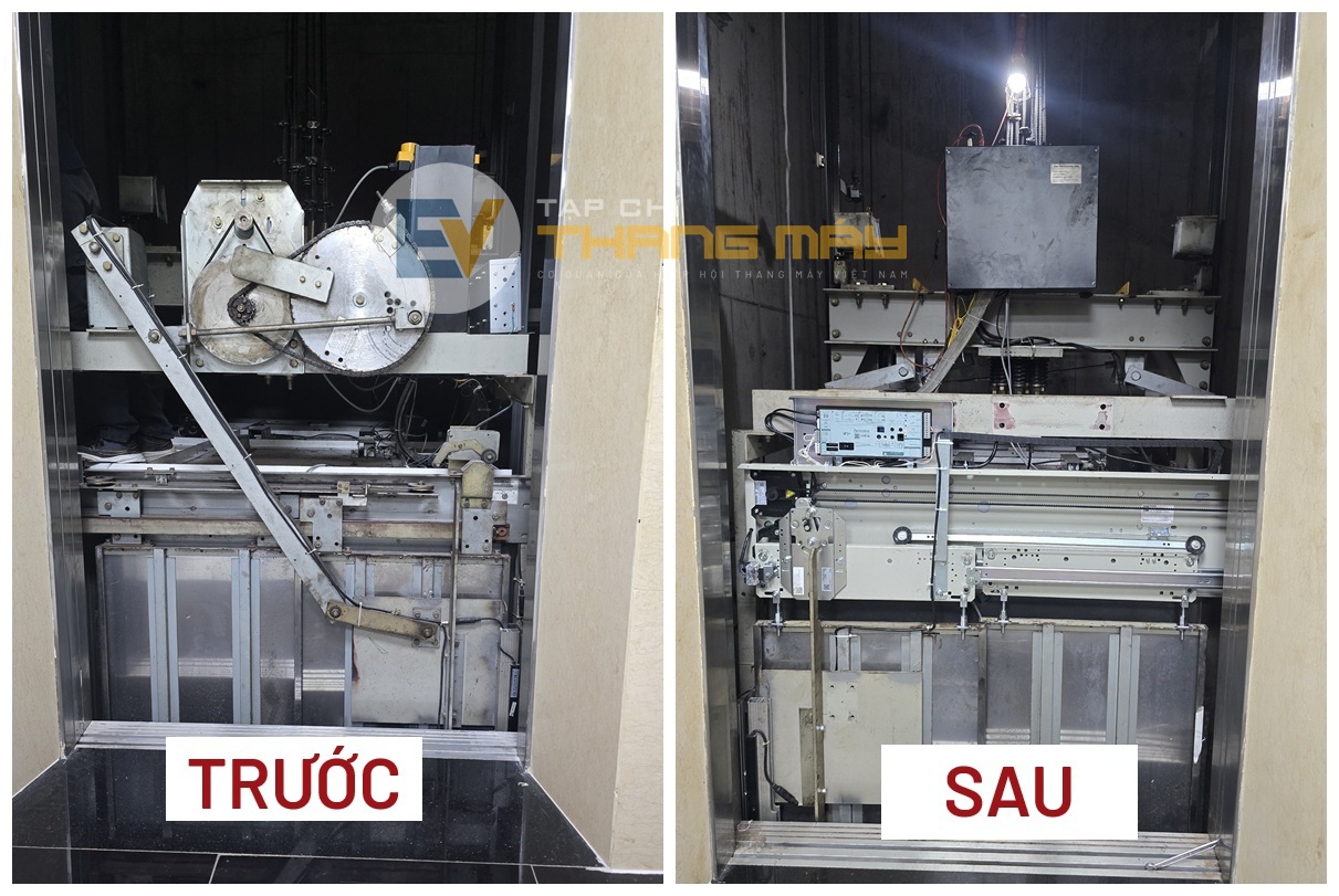 Cửa thang máy sau khi được hiện đại hóa bộ truyền động cửa cabin. Dự án do Viện Kỹ thuật Ứng dụng Thang máy (VILEA) thực hiện. Cửa thang máy sau khi được hiện đại hóa bộ truyền động cửa cabin. Dự án do Viện Kỹ thuật Ứng dụng Thang máy (VILEA) thực hiện.