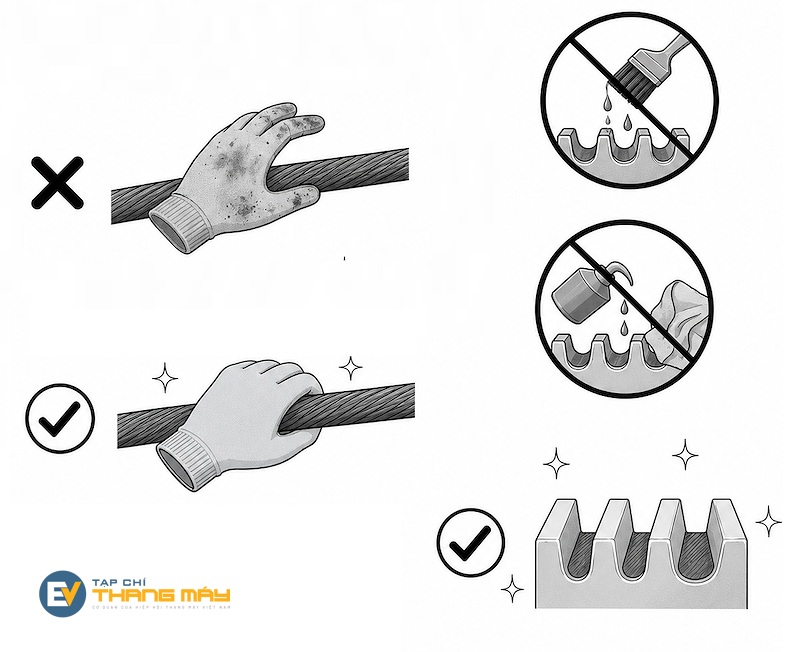 Với các loại cáp bọc PU, cần lưu ý giữ bề mặt cáp và puly sạch, không bôi dầu, mỡ.