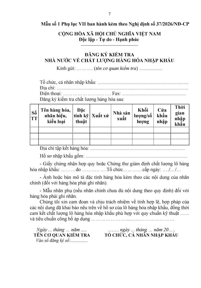 Mẫu số 1 Phụ lục VII ban hành kèm theo Nghị định số 37/2026/NĐ-CP Mẫu số 1 Phụ lục VII ban hành kèm theo Nghị định số 37/2026/NĐ-CP